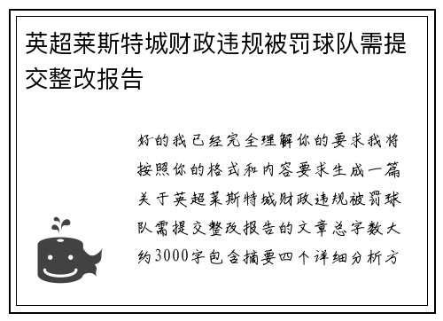 英超莱斯特城财政违规被罚球队需提交整改报告